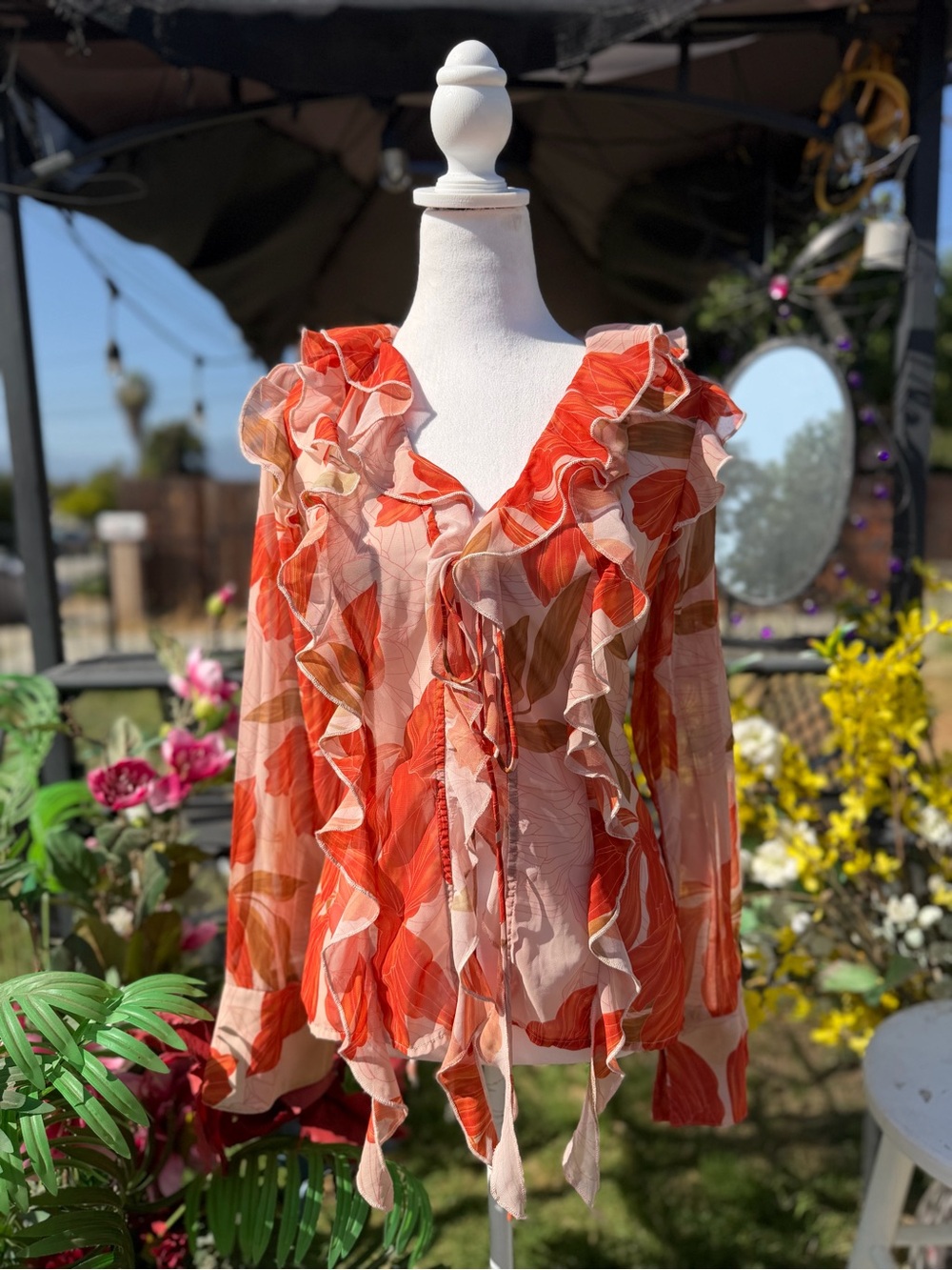 Othr Ruffled Tie-Front Blouse — Peach & Orange Floral
